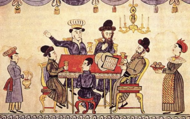 A Ukrainian 19th-century lubok representing the Seder table, via Wikipedia